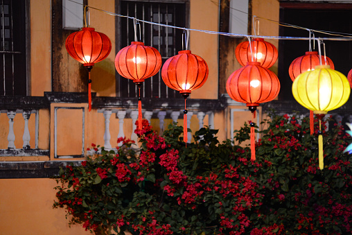Close focus of red Chinese Lanterns at Mid-Autumn Festival with copy space for text or advertising on black background. Lanterns at Mid-Autumn Festival in Saigon (Sai Gon)/Ho Chi Minh City, Vietnam