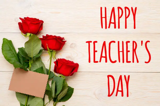 happy teacher's day, red roses with craft paper card