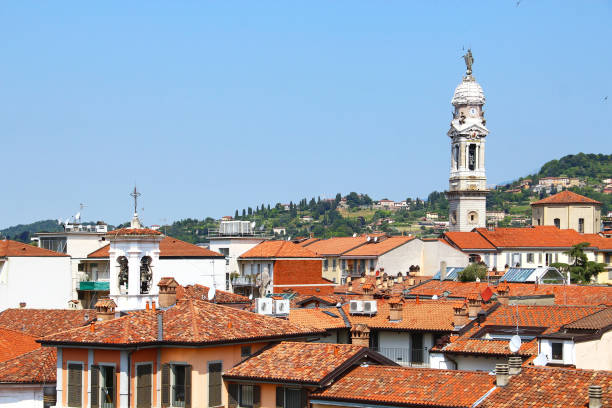 Aerial view of old red roofs in Bergamo lower town, Italy