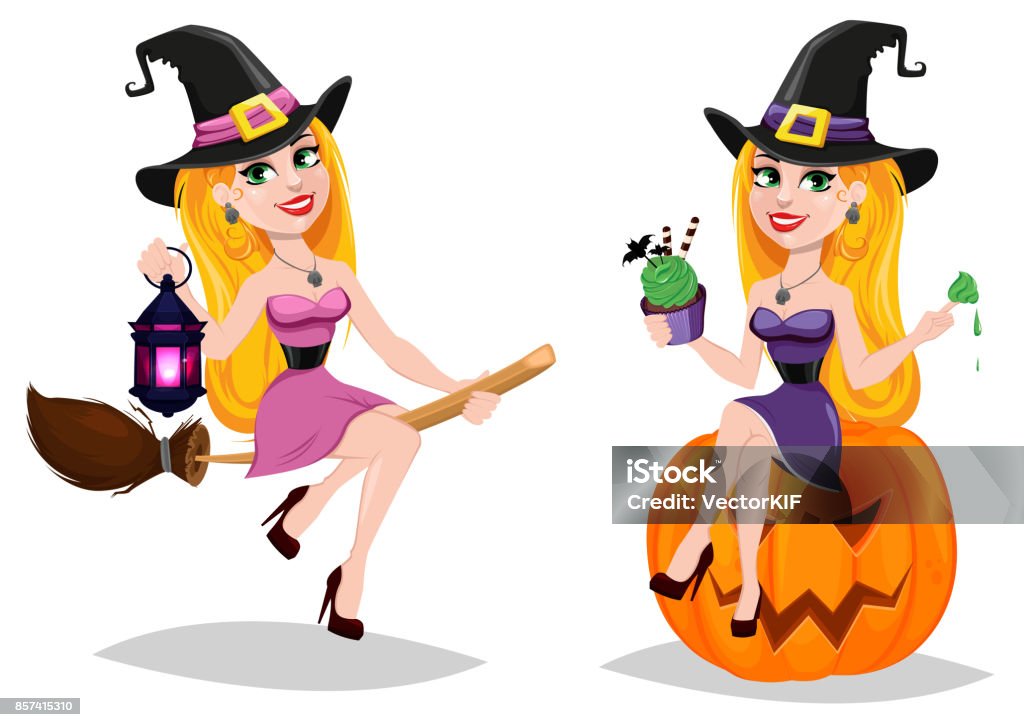 Halloween Cute Cartoon Character For Holiday Set With Beautiful Lady Witch  Flying On Broom And Witch Sitting On Pumpkin Stock Illustration - Download  Image Now - iStock