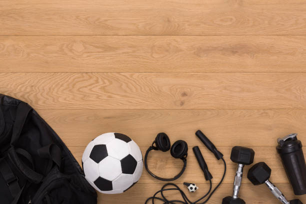 istock Fitness background, sport equipment, copy space 857419004