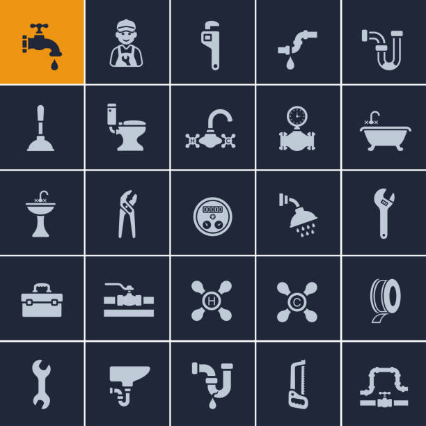 ilustrações de stock, clip art, desenhos animados e ícones de plumber icon set - faucet water pipe water symbol