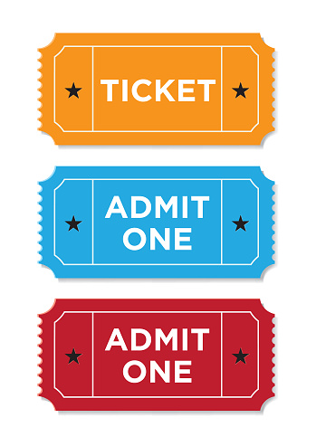 Retro styled ticket set on white background. Tickets are orange red and blue  in color and casting soft shadows on the background. Vector illustration.