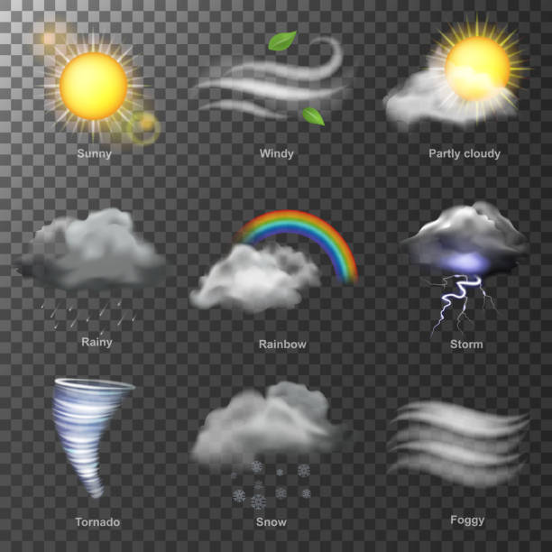 illustrazioni stock, clip art, cartoni animati e icone di tendenza di meteo realistico 3d icone vettore. tramonta sole, nuvola, arcobaleno, vento di tempesta - sun weather symbol computer icon