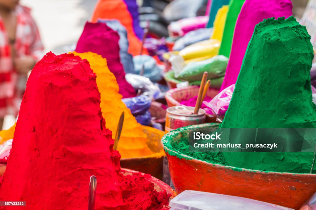 Colorful tika powders on indian market, India , Asia Asia Stock Photo