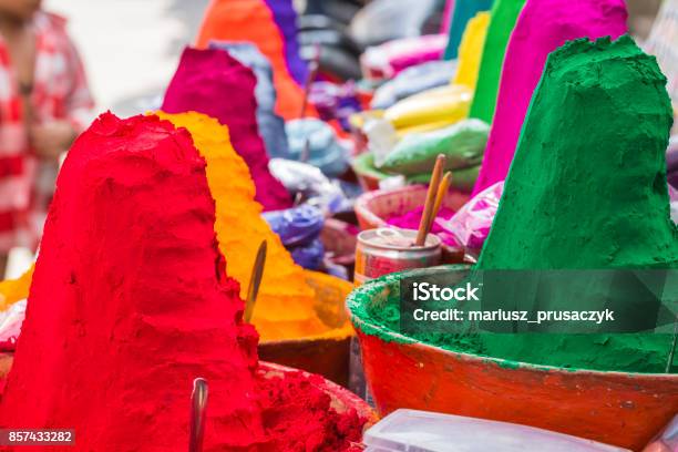Colorful Tika Powders On Indian Market India Asia Stock Photo - Download Image Now