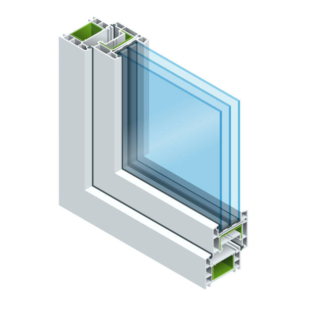 istock Isometric Cross-section diagram of a triple glazed window pane PVC profile laminated wood grain, classic white. Flat illustration of Cross-section diagram of glazed windows 857436750