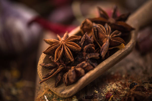 Whole anise stars on wooden spoon.