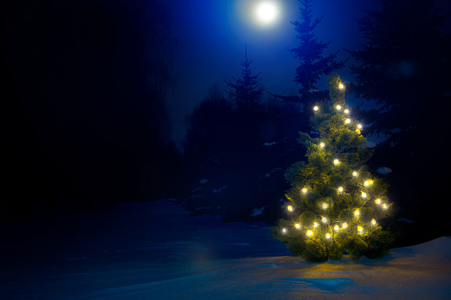 Defocused illuminated Christmas tree with abstract bokeh lights outdoors on snow covered landscape