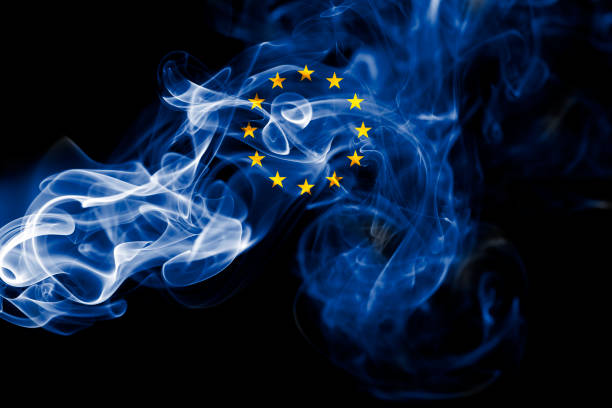 istock Eu smoke flag, european union 857438392