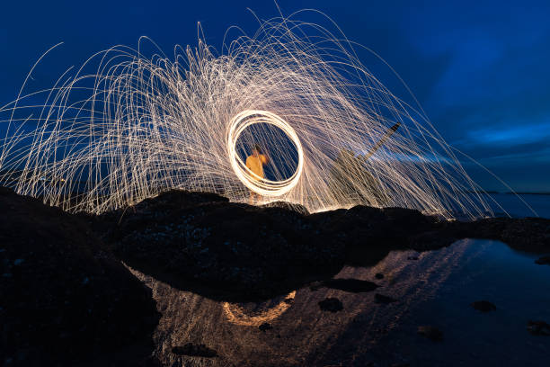istock The work of glowing sparks from spinning steel wool by human. 857442606