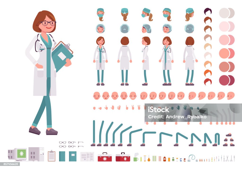 Female doctor character creation set Female doctor character creation set. Full length, different views, emotions, gestures. Build your own design. Cartoon flat-style infographic illustration. Healthcare and professional medicine concept Doctor stock vector