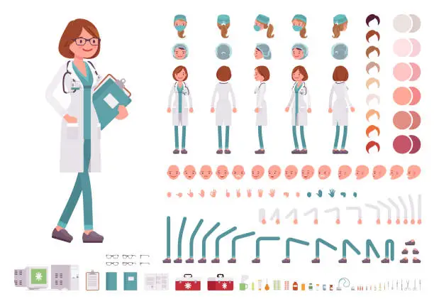 Vector illustration of Female doctor character creation set