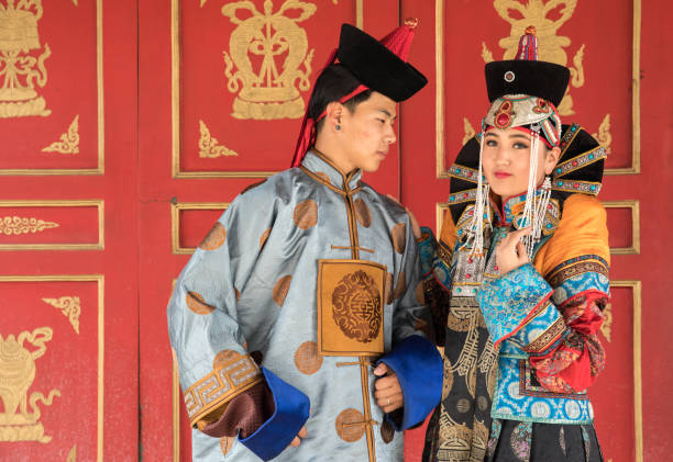 istock Mongolian couple in a traditional costume. 857457344