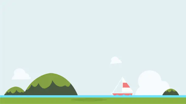 Vector illustration of Flat nature landscape with sailboat and sky background vector illustration.Seascape with green mountains and background.Tropical sea Asia view .