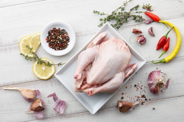 istock Raw chicken, herbs and spices on white wooden background 857460000