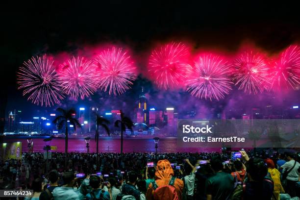 National Day Fireworks Display Fireworks At Victoria Harbour Of Hong Kong Stock Photo - Download Image Now