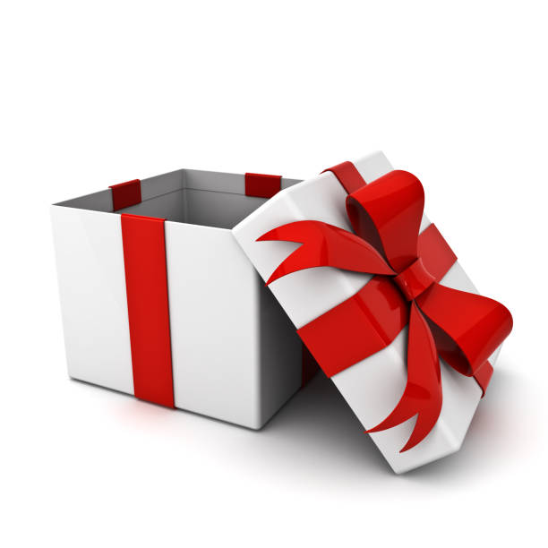 istock Open gift box and present box with red ribbon bow isolated on white background with shadow . 3D rendering 857469438