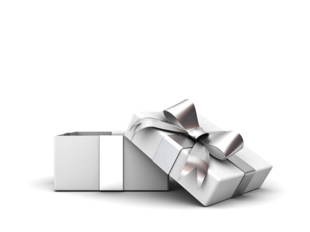 Open gift box or present box with silver ribbon bow isolated on white background with shadow . 3D rendering