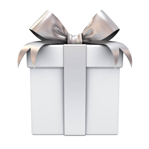 istock Gift box or present box with silver ribbon bow isolated on white background . 3D rendering 857469648