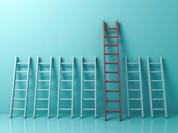 istock Stand out from the crowd and different creative idea concepts , Longest red ladder among other short white ladders on light green pastel color background . 3D rendering 857469672