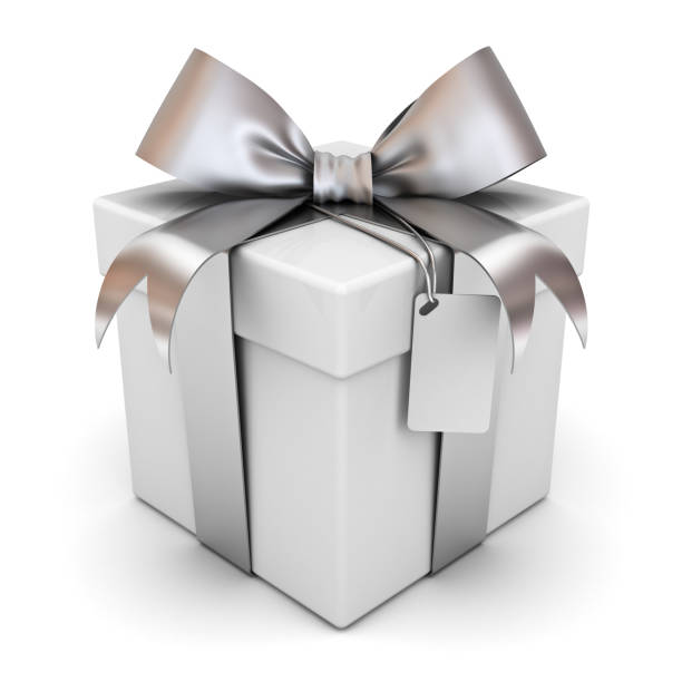 istock Gift box or present box with silver ribbon bow and blank tag isolated on white background with shadow . 3D rendering 857469786