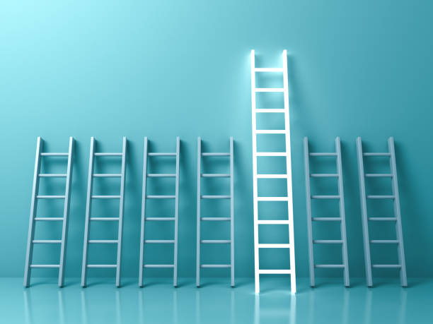 istock Stand out from the crowd and different creative idea concepts , The longest light ladder glowing among other short ladders on light green pastel color background with shadows . 3D rendering 857469852