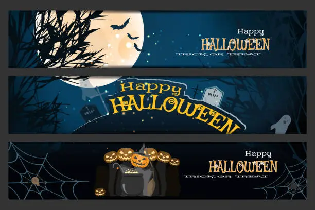 Vector illustration of Vector set of Halloween bookmarks with silhouettes of trees, full moon, bats, headstones, grave crosses, ghosts, group of wizards, magic cauldron, spider net on the gradient dark blue background.