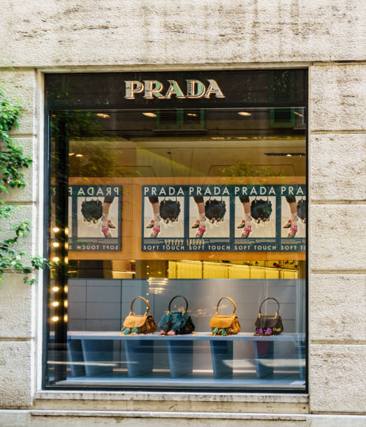 A window display at the Prada store in downtown Milan, Italy. Founded in 1903 in Milan, Prada is a world famous maker and retailer of high end leather goods and fashion.