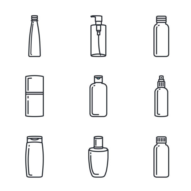 stockillustraties, clipart, cartoons en iconen met lijn icoon van cosmetische fles en schoonheid product collectie. - plastic fles klein