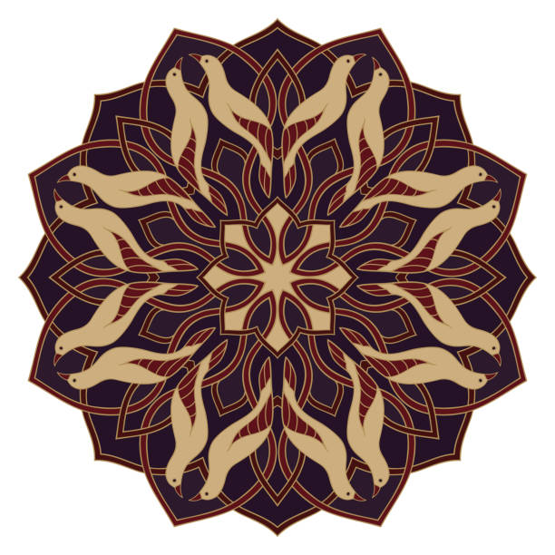 Mandala with birds. Abstract pattern with birds. Vector purple and beige background with mandalas. Template for textile, carpet, shawl. byzantine pattern stock illustrations