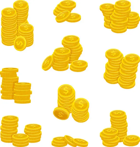 Vector illustration of Different stacks of golden coins. Vector illustrations of gold money