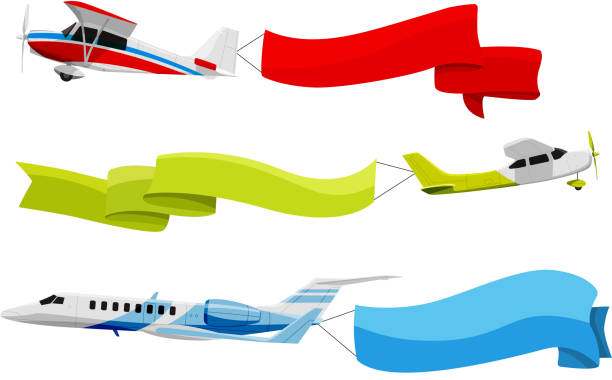 비행 항공기를 연결 된 배너입니다. 벡터 만화 스타일의 일러스트 레이 션 - airplane banner biplane retro revival stock illustrations