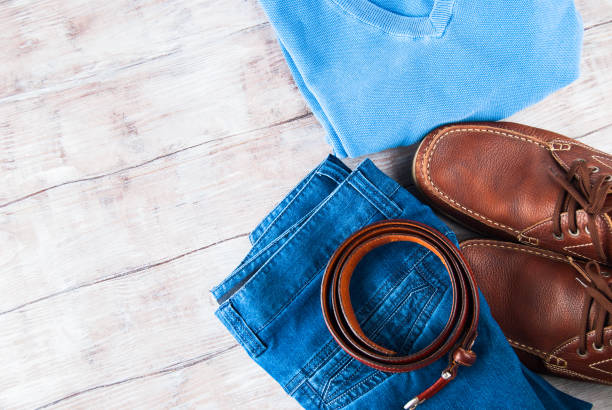 istock Man's clothes lifestyle shoes flat lay 857492922