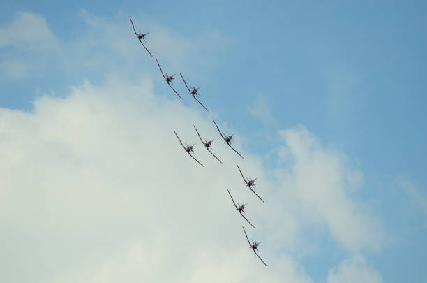 Zeltweg, Styria, Austria - September 02, 2016:  Formation flight from PC-7 team with propeller aircrafts Pilatus PC-7 by public airshow named airpower 16