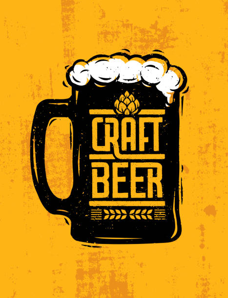 ilustrações de stock, clip art, desenhos animados e ícones de craft beer mug with foam creative lettering composition on rough background - beer glass