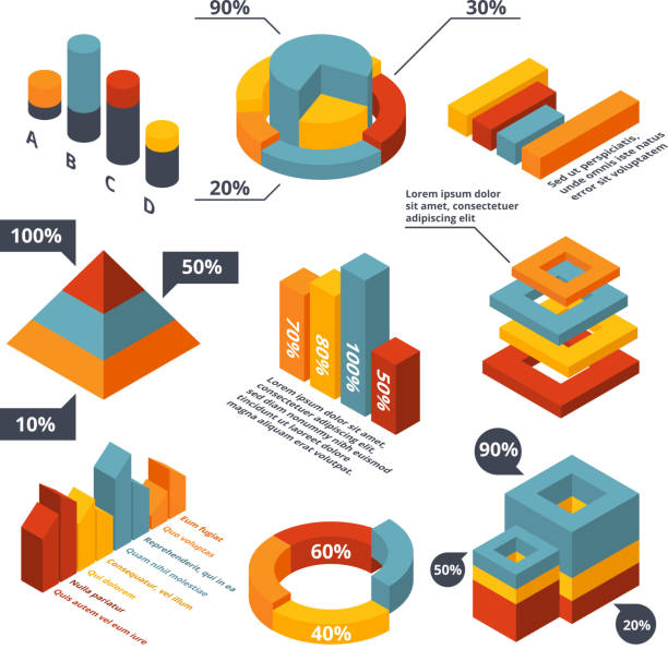 verschiedene isometrische elemente für geschäft infografik. grafische diagramme, 3d diagramme - pyramide sammlung stock-grafiken, -clipart, -cartoons und -symbole