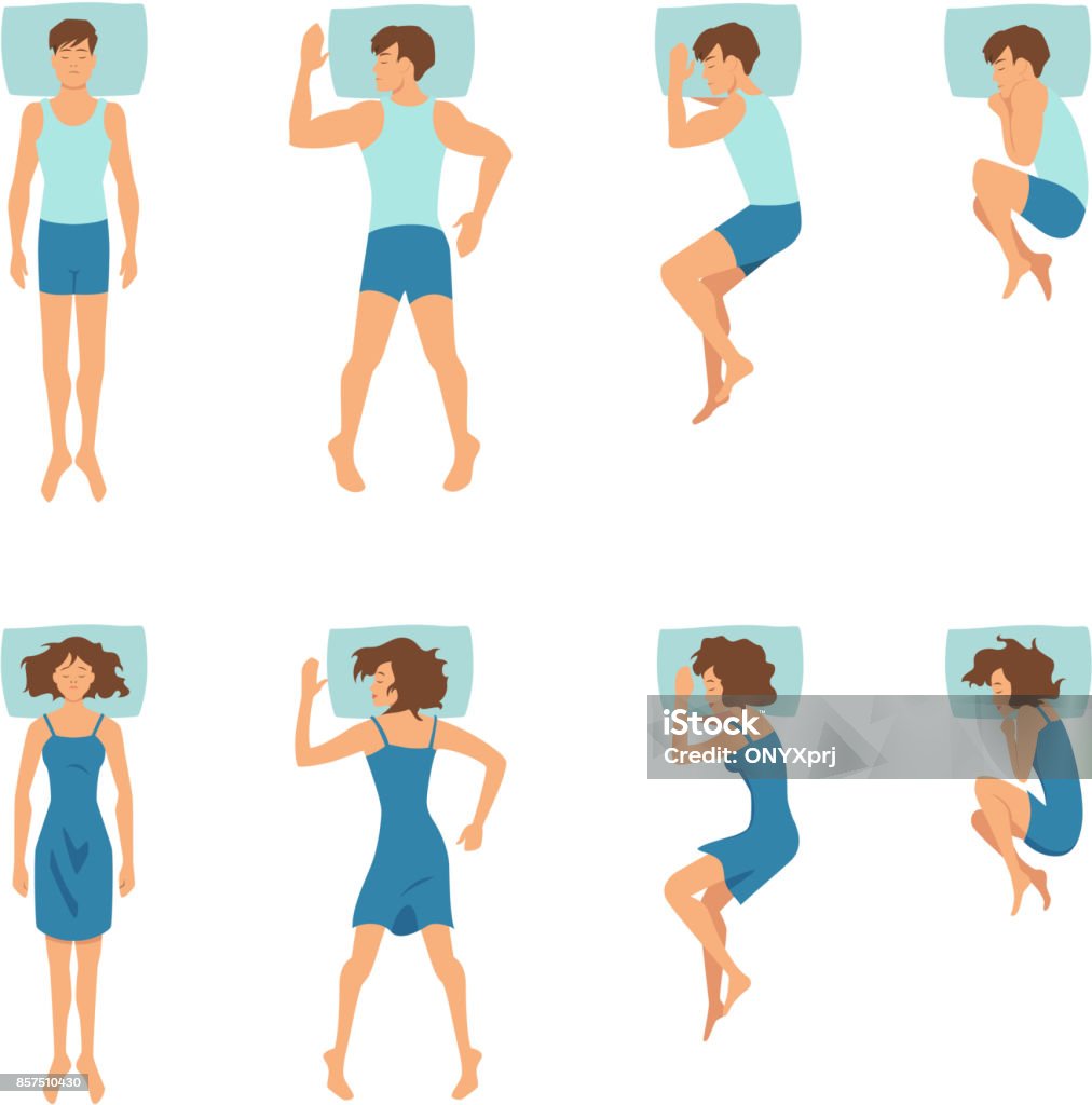 Male and female in sleeping poses. Top view illustrations of relaxing positions Male and female in sleeping poses. Top view illustrations of relaxing positions. Man and woman pose in bed in vector style Posture stock vector