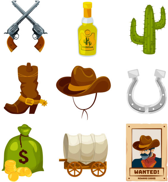 Cartoon icon set for wild west theme. Vector illustrations isolated Cartoon icon set for wild west theme. Vector illustrations isolated. Wild west american western, cactus and horseshoe, sack of money and tequila theme wild wild west stock illustrations