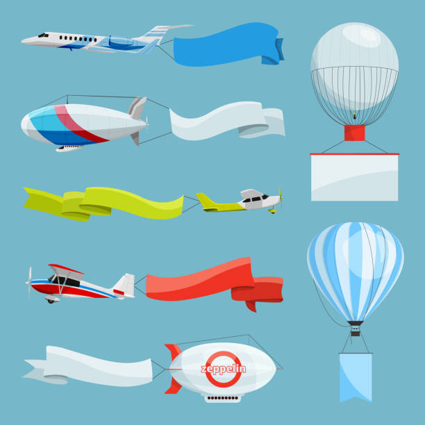 ilustraciones, imágenes clip art, dibujos animados e iconos de stock de zeppelines y aviones con banderas vacías para mensajes publicitarios. ilustraciones de vectores con lugar para el texto - globo-dirigible