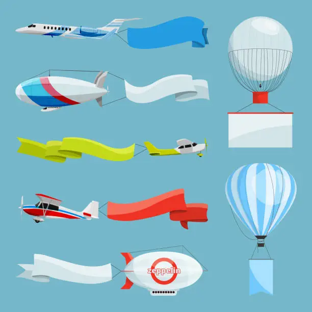 Vector illustration of Zeppelins and airplanes with empty banners for advertising messages. Vector illustrations with place for your text