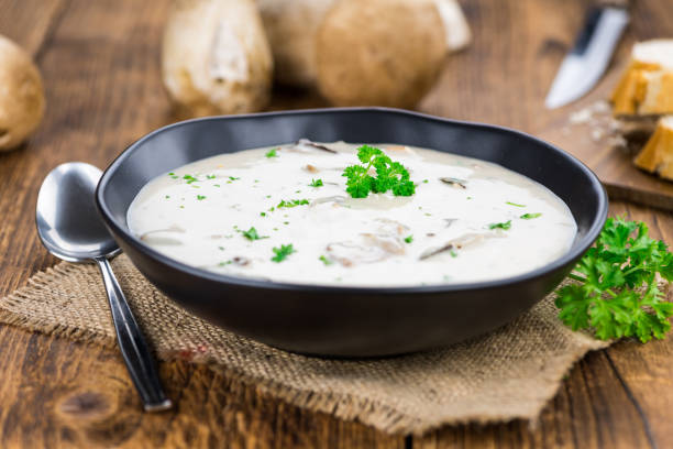 Fresh made Porcini Soup on a rustic background