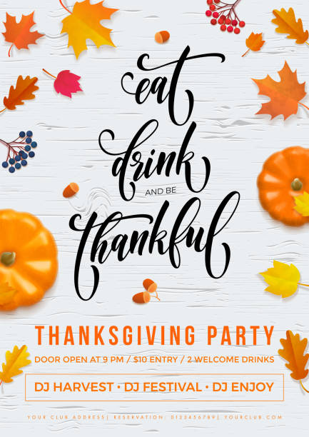 Happy Thanksgiving holiday party autumn fall vector pumpkin leaf greeting card Happy Thanksgiving Eat, Drink and be Thankful holiday party poster or greeting calligraphy text design template. Vector Thanksgiving fall pumpkin and falling autumn maple leaf on white background harvest festival stock illustrations