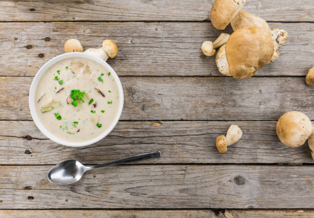 istock Fresh made Porcini Soup on a rustic background 857519756
