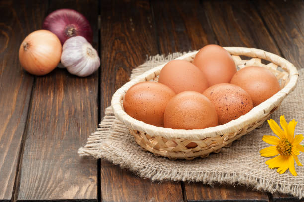istock chicken eggs in basket decorated with onions on wooden table 857524174