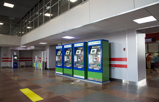 MOSCOW, RUSSIA - JULY, 02 2015: The ticket machine. Savelovsky railway station (Savyolovsky, Savyolovskiy, Savyolovsky or Savelovskiy) is one of the nine main railway stations in Moscow, Russia