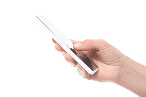 cropped shot of hand holding smartphone isolated on white