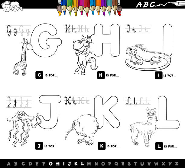 цвет книги образовательных мультфильм алфавит для детей - letter h alphabet education learning stock illustrations