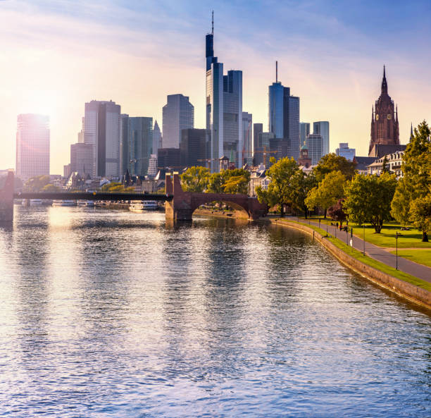 istock Frankfurt Germany river Main with skyline of financial district at sunset 857541350