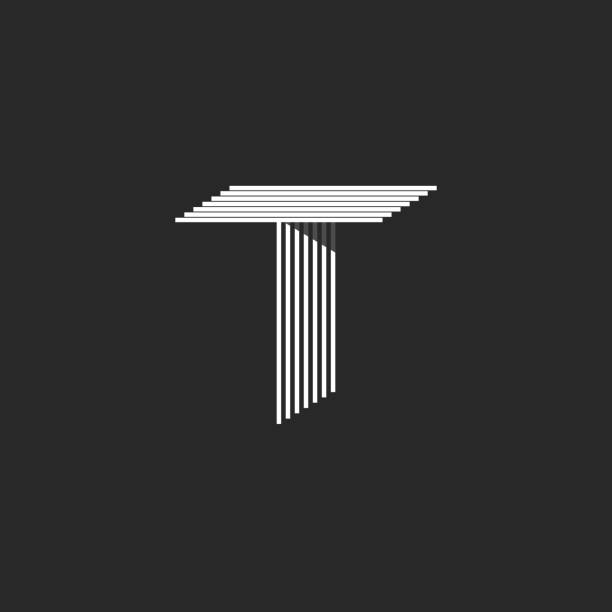 ilustrações de stock, clip art, desenhos animados e ícones de capital letter t mockup, black and white many parallel thin lines isometric initial, 3d simple emblem typography design element - letter t letter a alphabet capital letter